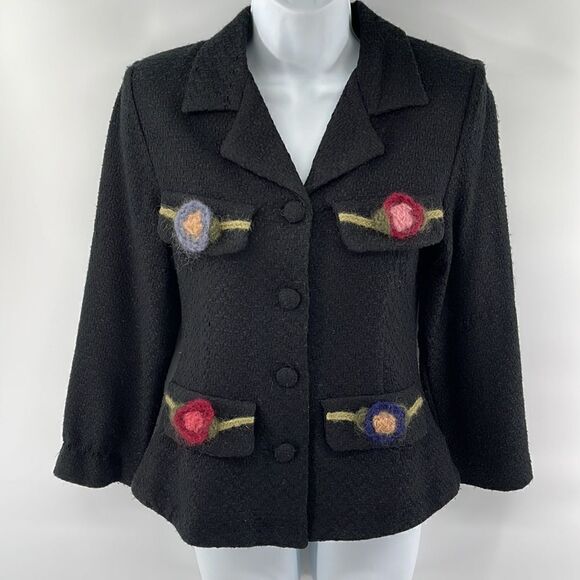 Monkey Wear vintage VTG tweed blazer suit coat jacket crochet flower black - Picture 2 of 12